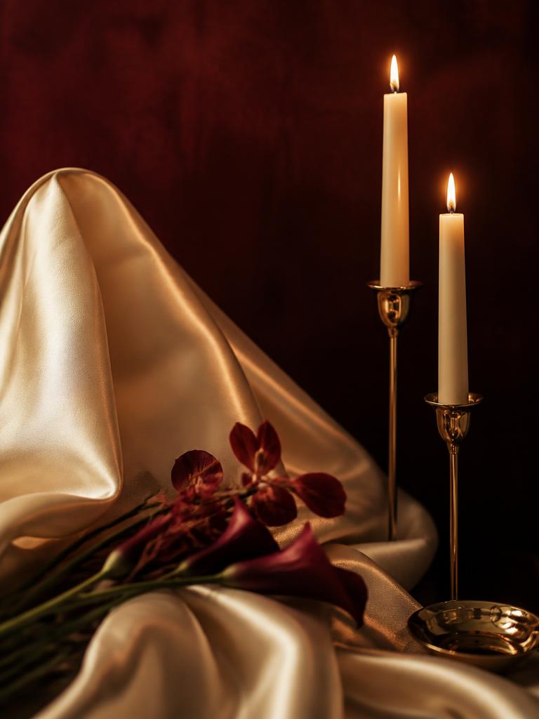 Candlelit still life with ivory silk